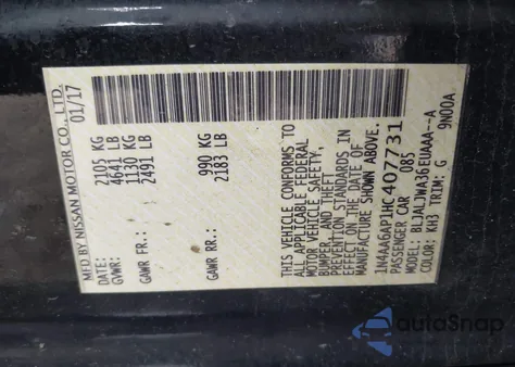 2017 Nissan Maxima 3.5 Sv из США, поврежденный, VIN 1N4AA6AP1HC407731